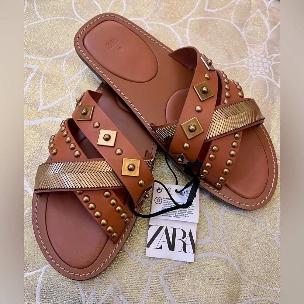 Zara Brown and Gold Embellished Sandals